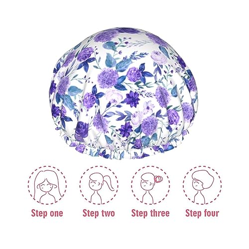 Violet Purple Rose Shower Cap For Women Adjustable Double Waterproof Layers Bathing Shower Hat Hair Protection Reusable Ladies Spa Salon Shower Hat - color: Purple Rose