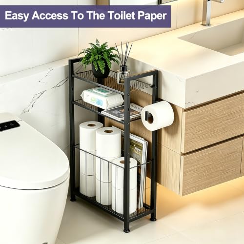 Free Standing Toilet Paper Holder with Shelf, Adjustable Feet Bathroom Toilet Paper Holder Stand for Narrow Space, Roll Dispenser Tissue Holder, Holds Multiple Rolls and Keeps Paper Dry and Clean - color: Black