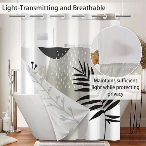 No Hook Boho Shower Curtain and Liner Set 71 x 74 Inch | Gray Abstract Botanical Design, Waterproof Fabric Bath Curtain for Mid Century Modern Bathroom, Hotel, Breathable Mesh Top - color: Gray 02