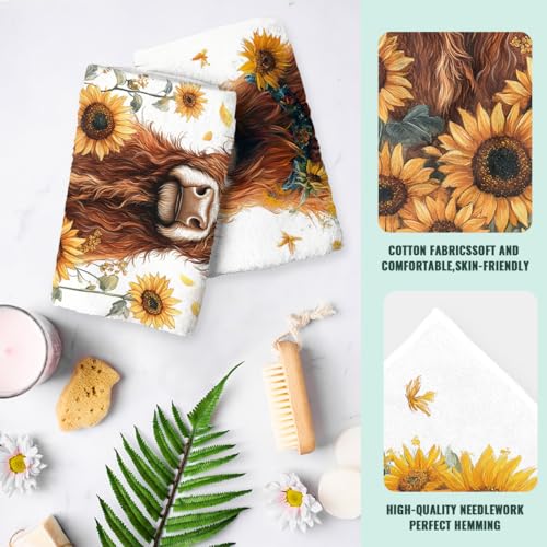 Highland Cattle Bath Hand Towels Set of 2 Absorbent Farmhouse Farm Sunflowers Decorative Hand Towels Set for Bathroom Gym Hotel Spa Bathroom Hand Towels Gifts for Women Man 14"x28" - color: Highland Cattle