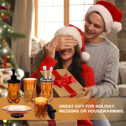 Bathroom Accessories Set,5 Pcs Amber Glass Bathroom Accessory Set, Complete Lotion Soap Dispenser, Toothbrush Holder, Soap Dish, Tumbler & Jar, Modern Bathroom Decor Sets Gift,Round - style: Round(Amber)