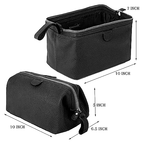KomalC Premium Buffalo Leather Toiletry Bag for Men & Women With Water resistant Lining, Grooming Travel Pouch, Unisex Wash Bag for Toiletries, Gifts for Men and Women - color: Black