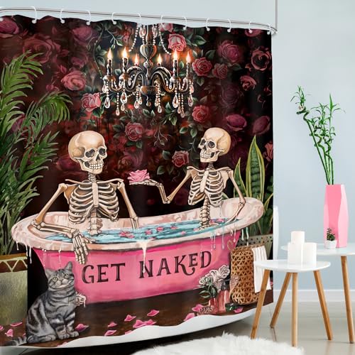 Gothic Skull Skeleton Shower Curtain Black Vintage Spooky Funny Rose Retro Floral Flower Plant Bathroom Decor Unique Mystical Woman Aesthetic 72Wx72H Bath Curtain Fabric Polyester 12 Pack Hooks - color: A 03skeleton, size: 72"W x 72"L (Pack of 1)