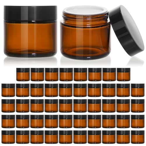 KEYWING 2oz Small Glass Jars with Black Lids, 48 Pack Amber Glass Cosmetic Jars, Round Empty Sample Container with Inner Liners for Lotions, Cream, Powders and Ointments - color: Amber, size: 2oz-48Pack