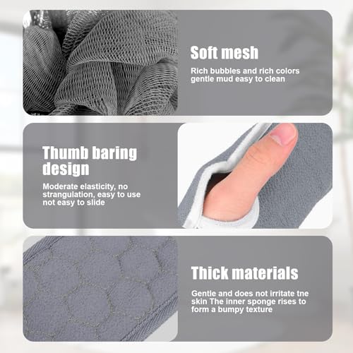 Back Scrubber Set, 3Pcs Bath Gloves and Shower Loofah Sponge for Body Scrub and Daily Shower Cleaning(Grey) - color: Grey