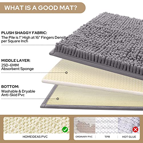 HOMEIDEAS 3 Pieces Bathroom Rugs, Soft Thick Absorbent Chenille Bath Mats, Washable Non-Slip Floor Rugs for Shower & Bath, Grey - color: Grey-grey, size: 17"x24"+20"x32"+U Shape 20"x24"