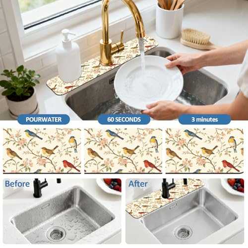 2 Pcs Kitchen Sink Splash Guard Faucet Mat Vintage Watercolor Bird Pattern Faucet Mat for Sinks Flower Absorbing Drying Mats for Kitchen Bathroom - color: Watercolor Bird
