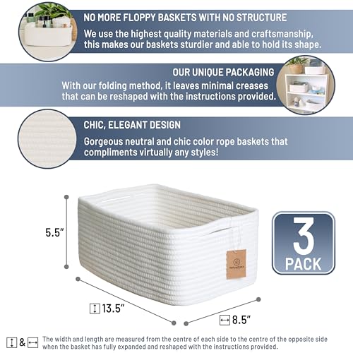 NaturalCozy 13.5”x8.5”x5.5” Storage Baskets for Shelves 3 Pack | Cotton Rope Woven Small Baskets for Organizing | Small Storage Bins for Nursery, Bathroom, Closet, Cube Shelf, Decorative, Gift - color: Off White, size: 13.5" x 8.5" x 5.5"