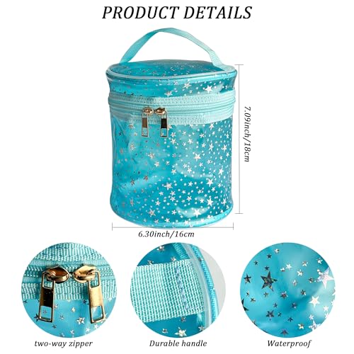 Waterproof Blue Star PVC Makeup Bag - 7.1x6.3in Barrel Cosmetic Organizer with Zipper, Portable Toiletry Pouch for Women & Men (Blue) - color: Blue