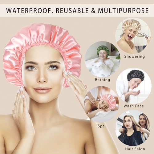 Shower Caps for Women, 4 PCS Elastic and Reusable Bath Caps, Double Layers Shower Cap Reusable Waterproof, Bathing Shower Caps, Environmental Bath Hair Protection Cap - Solid Color B - color: Solid Color B 4 PCS/Set