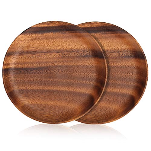 Ayiaren 12 Inch Best Acacia Wooden Dinner Plates Set of 2, Round Wood Serving Tray Wooden Plates for Eating Salad Fruit Food Dishe Platter Charcuterie Boards Charger Plate Cheese Serving Board - size: 12 Inch