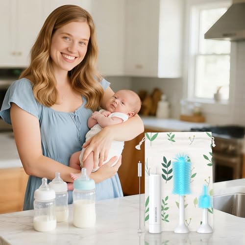 SEANCHEER S02 Electric Bottle Brush Set, Portable Baby Bottle Brush Cleaner, AA Battery-Powered & IPX7 Waterproof, with Silicone Bottle/Nipple/Straw Brush, for Home & Travel (Blue) - color: White-blue