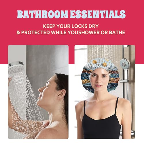 Luxury Shower Cap Satin Lined Reusable Waterproof Double Layer Elastic Adjustable Hair Bath Cap Cute Aesthetic Women Girls-Mountain - color: F18-Mountain