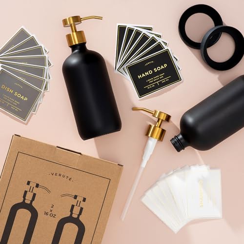 Hand and Dish Soap Dispenser for Kitchen and Bathroom, Set of 2 16 Oz Glass Bottles, Stainless Steel Pumps, Non-Slip Silicone Base, 27 Waterproof Labels (Matte Black Bottle/Brushed Gold Pump) - color: Matte Black Bottle / Brushed Gold Pump
