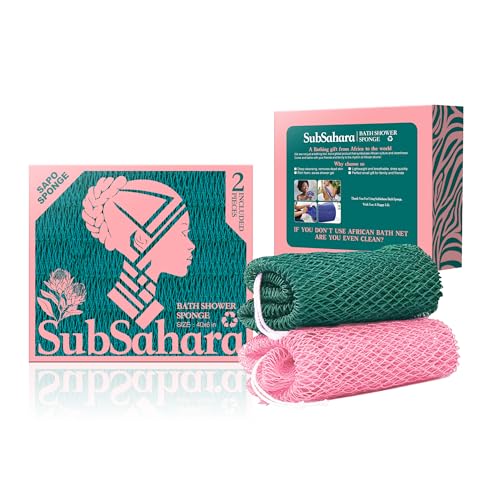 SubSahara Authentic African Net Sponge - 2 Pack Exfoliating Bath & Shower Loofah Sponge for Body & Face, Gentle Scrubber for All Skin Types, Travel, Durable (Ligh Pink & Teal) - color: Ligh Pink & Teal