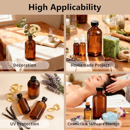 24 Pack 8 oz Amber Glass Boston Round Bottles with Phenolic Polycone Caps – Airtight, Leak-Proof Bottles for Vanilla Extract, Kombucha Brewing, Essential Oils, and Homemade Solutions - size: 8 ounces