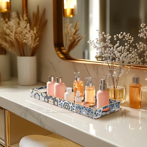 MAONAME Plastic Vanity Tray, Bathroom Counter Tray, Decorative Trays with Handles, Storage Dresser Trays Organizer for Toilet Tank, Jewelry, Makeup, 13.8" x 6" x 1.57" - color: Bohemian-7