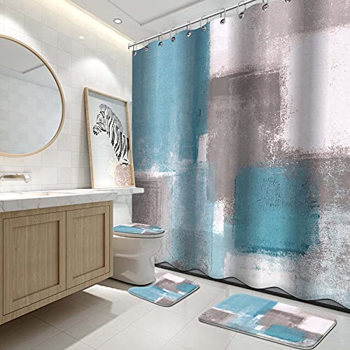 Lnond 4Pcs Bathroom Shower Curtain Sets with Rugs,Sky Blue and Grey White Abstract Painting Bathroom Sets with Shower Curtain and Rugs and Accessories - color: Sky Blue