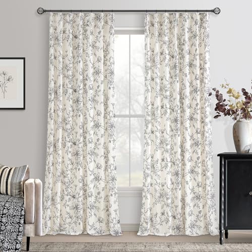 Farmhouse Pinch Pleated Floral Linen Curtains 102 Inch Length Black French Country Farmhouse Light Filtering Flower Printed Drape with Hooks Rings Semi Sheer Botanical Curtain for Living Room Bedroom - color: Black, size: 40"W x 102"L (Pack of 2)