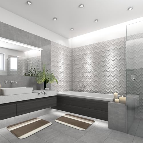 ArtSocket Brown Beige Neutral Bathroom Set with Shower Curtain and Bath Rugs and Accessories, Striped Modern Non-Slip 3 Piece Set, 72" L x 72" W Curtain, 23.6" L x 15.7" W + 19.7"x 31.5" Rugs - color: Brown Beige