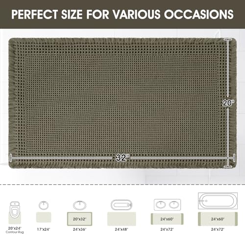 Upgraded Waffle Bath Mat, 32"x20" Greyish Green-Bordered, Super Absorbent Non-Slip Quick Dry Bathroom Rugs with Tassels, Machine Washable Ultra Soft Boho Bath Rugs, Toilet Mats Boho Farmhouse Decor - color: Greyish Green, size: 1'8" x 2'8" (Rectangular)