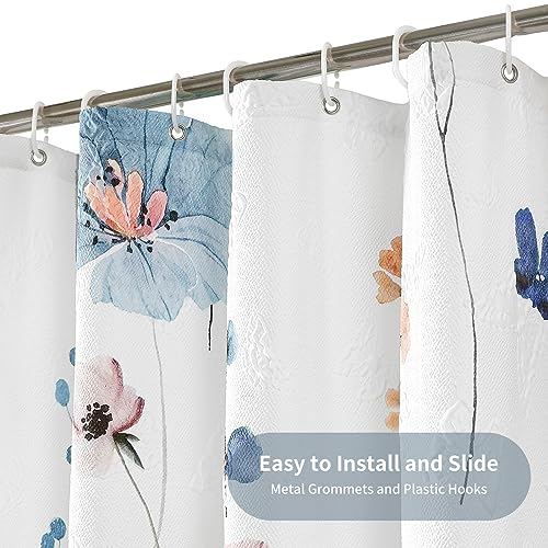 QiyI Watercolor Floral Shower Curtain, 3D Embossed Butterflies Blue Beige Flower Bathroom Curtain, Minimalist White Cloth Bath Curtain, Waterproof Fabric Textured Shower Curtain Set with Hooks, 72x72 - color: Beige, size: 72"W x 72"L (Pack of 1)