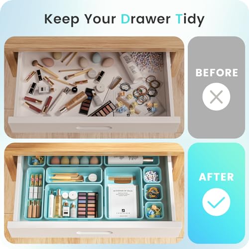 【Military Grade】A-LuGei Drawer Organizer,【𝟱𝗦𝗶𝘇𝗲】Makeup organizer,【Holds 177 Items】Bathroom Organizers and Storage,Organization and Storage,Desk Drawer Organizer for Vanity【Blue】 - color: Blue