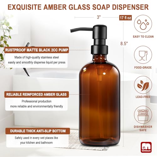 GMISUN Amber Glass Soap Dispenser, 1 Pack Dish Soap Dispensers for Kitchen with Rustproof Stainless Steel Pump, 17 Fl Oz Bathroom Hand Soap Dispenser, Brown Liquid Dishwashing Dispensers Bottle - color: Amber Bottle + Black Pump, size: 1 Pack