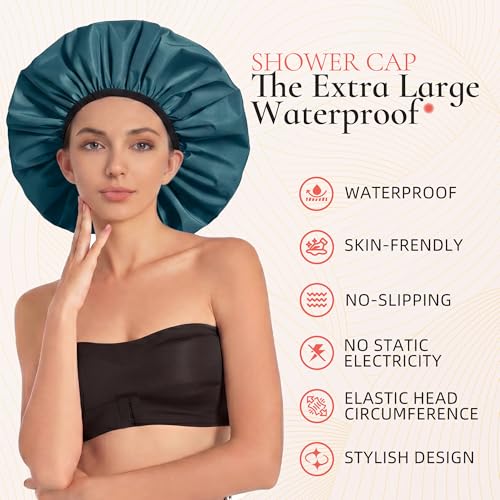 Extra Large Shower Cap for Women, Reusable Waterproof Shower Bonnet with Satin Lining, Double Layer Washable Bath Hair Cap for Braids, Locs, Long Thick Curly Hair, Natural Hair(Big Blue Zircon) - color: Blue Zircon