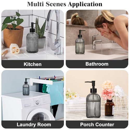1 Pack 13.5oz Glass Soap Dispenser with Plastic Pump, Vertical Stripe Design Refillable Hand Soap Dispenser for Hand Wash, Bathroom and Kitchen - color: Transparent Grey