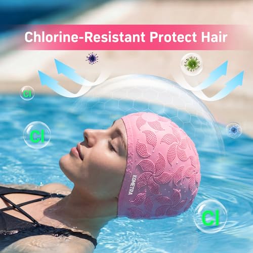 Women Swim Cap 2 Pack for Long Hair, Silicone Flower Adult Swimming Caps Waterproof for Girl Youth No Wet Hair - color: Black & Pink