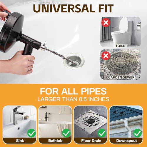 Drain Auger 33 ft, Plumbing Snake Hair Clog Remover Drain Snake Flexible Grabber Heavy Duty Sink Cleaner Tools for Shower Bathtub Bathroom Kitchen Pipe, Black - color: Black
