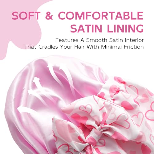 Years Calm Extra Large Shower Cap for Long Thick Hair – Waterproof Double Layer Bath Cap with Satin Lining, Secure Elastic Fit for Braids, Curls & Extensions - color: Pink Heart