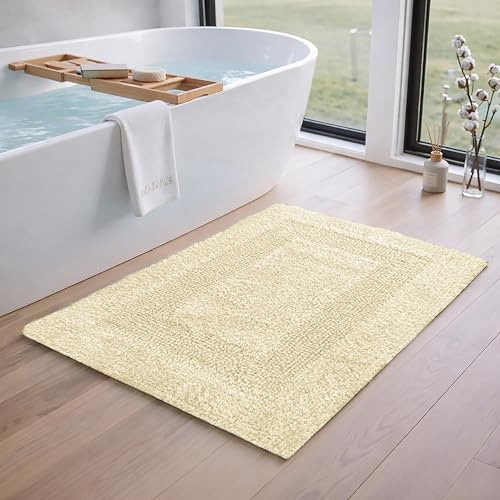 THE BEER VALLEY Set of 2 Reversible Bath Rug 21x32/17x24 Inch, Light Yellow | Cotton Absorbent Bathmat for Bathroom, Washable Toilet Throw Thick Mat - color: Light Yellow, size: 1'9" x 2'8" (Rectangular)