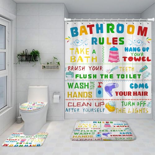 4PCS Kids Shower Curtain Set, with Non-Slip Rugs, Toilet Lid Cover and Bath Mat Funny Bathroom Rules Cute Colorful Pattern Teen Boy Girl for Bathroom Bathtub Decor Accessories, 72x72 Inch - color: Bathroom Rules