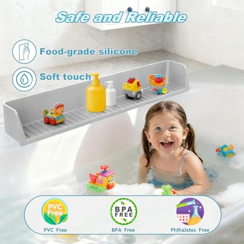 Bathtub Splash Guard for Kids,2.6 FT Silicone Bathtub Play Shelf with 11 Suction Cups, Bath Tub Ledge Shelf for Kids, Prevents Water Spills in Bathroom (Grey) - color: Grey