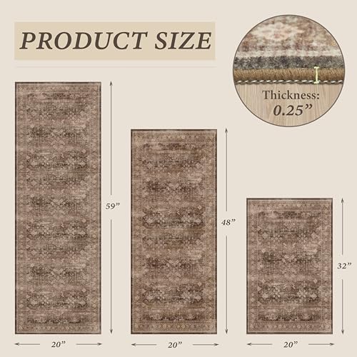 JTJ 3-Piece Kitchen Rug Set with Runner, Washable Non-Slip Farmhouse Kitchen Mats for Sink, Floor, Entryway, Hallway & Laundry Room, Low Pile Distressed Vintage Floor Rugs, Brown - color: Brown