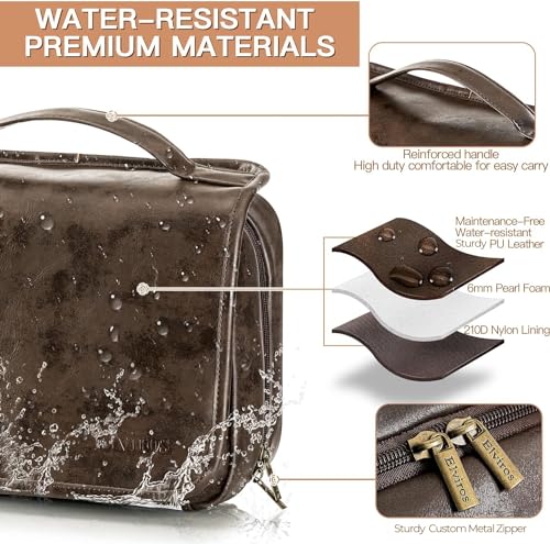 Elviros Hanging Toiletry Bag Removable Travel Bag PU leather Makeup Cosmetic Organizer Kit, Coffee | Removable Travel Organizer Bag for Cosmetics, Toiletries, Makeup Tools, and Daily Essentials with Easy Carry Design - color: Coffee, size: 1 Pack