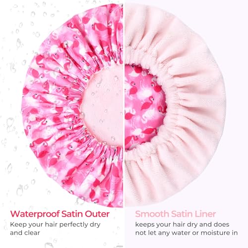 Shower Cap for Women Terry Lined Bath Cap Large Reusable Waterproof Elastic Band Pink Flamingo Shower Caps for Long Thick Hair Soft Bath Shower Hair Caps - color: Hot Pink Flamingo