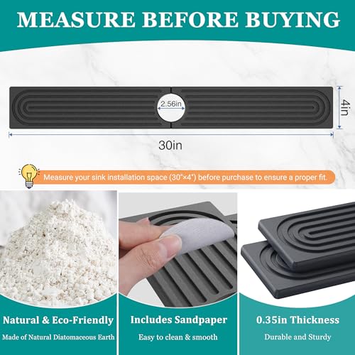 Stone Faucet Mat for Kitchen Sink - Quick Dry Diatomite Sink Splash Guard, Prevents Moisture Buildup & Water Stains, Water Absorbing Stone Tray for Bathroom Countertop (Dark Gray, 30" x 4") - color: Dark Gray, size: 30" x 4"