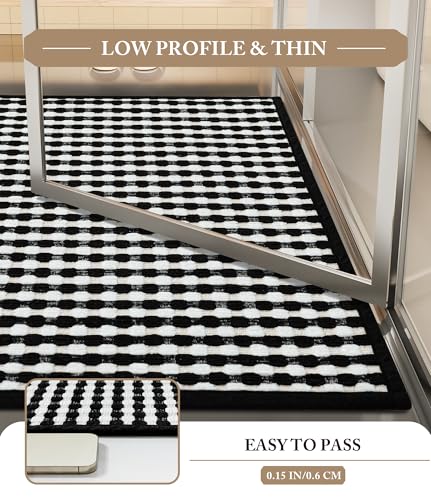 YIHOUSE Black Bathroom Rugs Set 3 Pieces, Checkered Absorbent Bath Mat Sets Quick Dry, Woven Soft Bath Rugs Non Slip, Thin Washable Rugs for Bathroom - color: Black, size: 3 Pieces