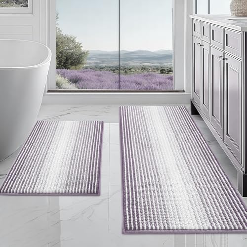 BSICPRO Bathroom Rugs and Mats Sets, 2 Piece Thick Absorbent Chenille Non Slip, Soft Shaggy Floor Mats, Machine Washable (Lavender Purple, 20" x 47" Plus 16" x 24") - color: Lavender Purple, size: 20" x 47" Plus 16" x 24"