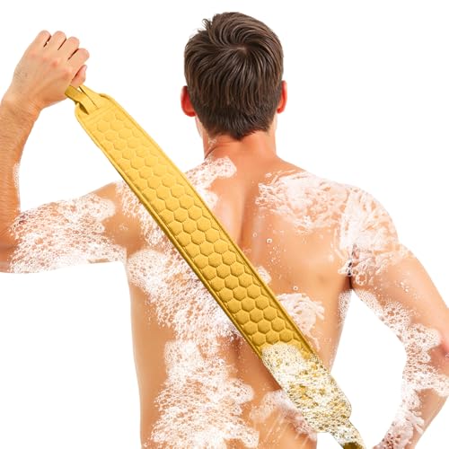 Back Scrubber for Shower with Handles, 40 Inch Extra Long Double-Sided Exfoliating Bath Strap, Textured Body Washer with Extended Reach for Deep Cleaning (Yellow) - color: Yellow