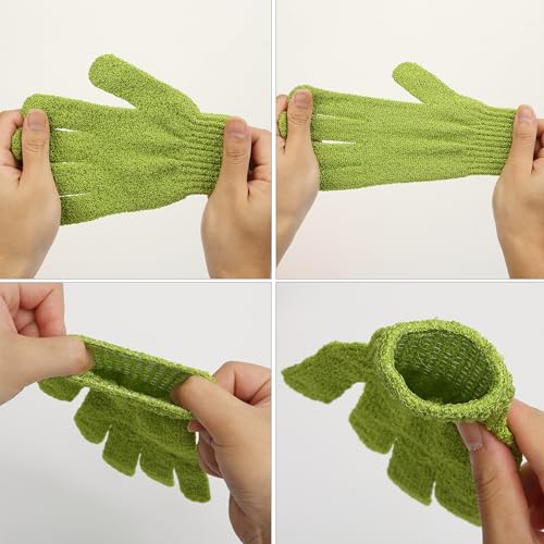 Slick Exfoliating Gloves - 4 Pcs Body Scrub Gloves, Shower & Bath Exfoliation Mitts - color: Shades of Green