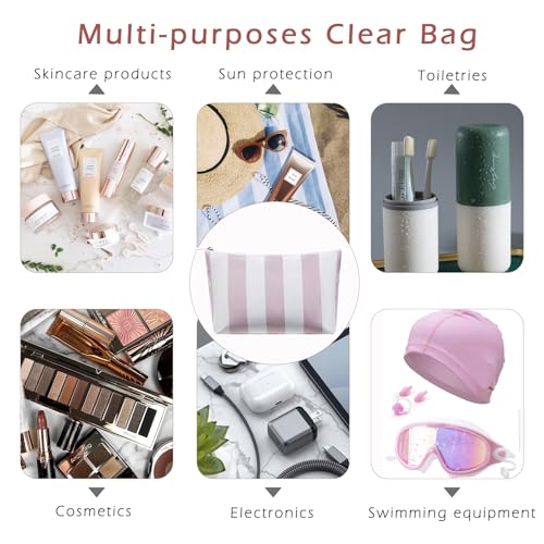 RSRSLEII Large Waterproof Travel Striped Makeup Bag, Aesthetic PVC Toiletry Bag, Coquette Cosmetic Bag, Sunscreen Accessories Storage Organization, Beach Travel Purse(Pink) - color: Pink