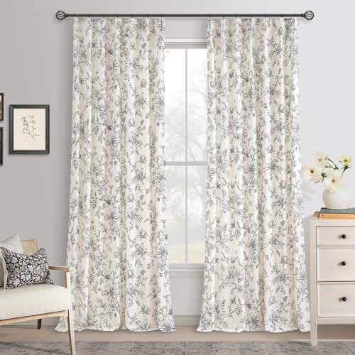 90 Inches Floral Pleated Linen Curtains for Living Room Black and Cream Light Filtering French Country Peony Flower Print Patterned Window Curtain Back Tab Semi Sheer Decorative Drape 2 Panels - color: Black, size: 40"W x 90"L (Pack of 2)