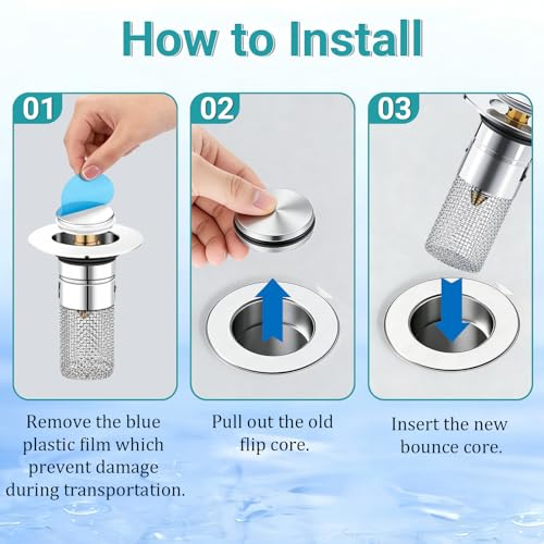 Bathroom Sink Drain Strainer, Pop-Up Sink Stopper Hair Catcher, Anti-Clog with Removable Stainless Steel Filter Basket, Universal for US Standard Drain Stopper Replacement (Silver, 2pcs)