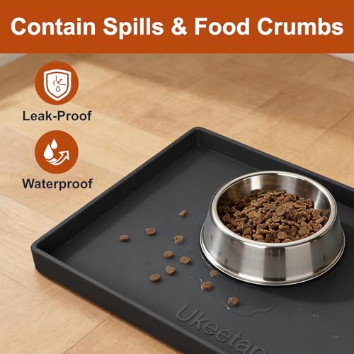 ukeetap Extra Thick Silicone Mat Waterproof with Raised Edge 19” x 12”, BPA Free Non-Slip Dog & Cat Food Mat, Feeding Mat for Food and Water Bowls, Spill Proof Mat to Protect Floors, Black - color: Black, size: 19"L x 12"W