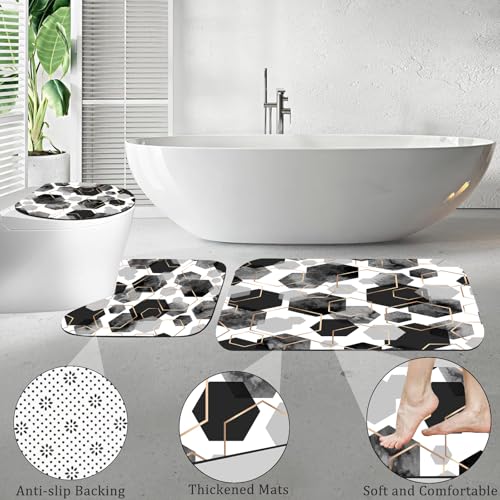 4Pcs Black White Geometric Shower Curtain Set, Neutral Modern Art Deco Shower Curtain with Hooks, Elegant Trendy Simple Bathroom Sets with Shower Curtain and Rugs, 71 * 71in - color: Black
