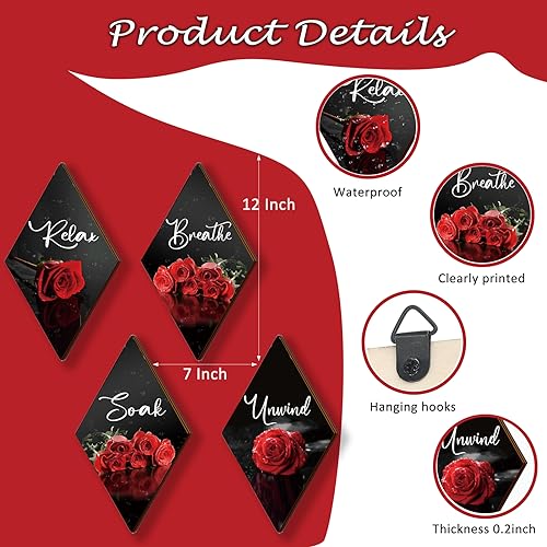 ONIZHITY Set of 4 Red Bathroom Decor Rose Wooden Wall Decor Flower Rustic Romantic Floral Farmhouse Wall Decor Modern Breathe Soak Unwind Relax Signs Red Decor for Room Kitchen Bathroom (12 x 7) - color: Red Rose